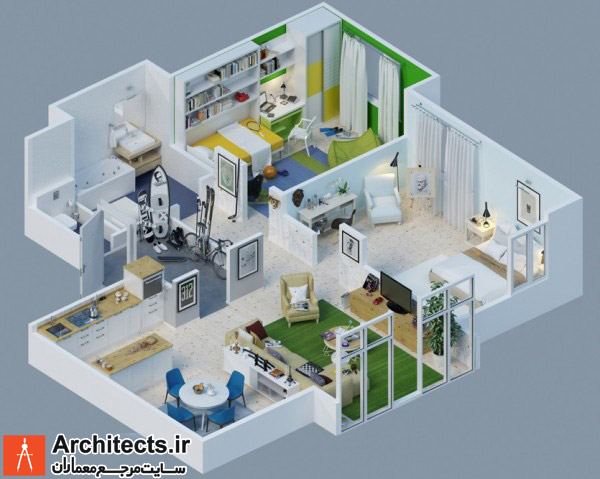 طراحی داخلی آپارتمان: ارائه سه بعدی پلان هر واحد